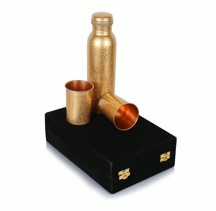 Handcrafted Engraved Copper Bottle Gift Set β Pure Copper Water Bottle with 2 Copper Glasses in Velvet Box | Ayurvedic Wellness & Luxury Gift