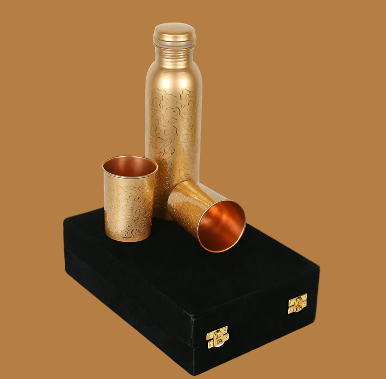 Handcrafted Engraved Copper Bottle Gift Set β Pure Copper Water Bottle with 2 Copper Glasses in Velvet Box | Ayurvedic Wellness & Luxury Gift