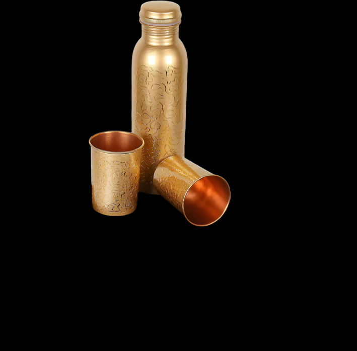 Handcrafted Engraved Copper Bottle Gift Set β Pure Copper Water Bottle with 2 Copper Glasses in Velvet Box | Ayurvedic Wellness & Luxury Gift
