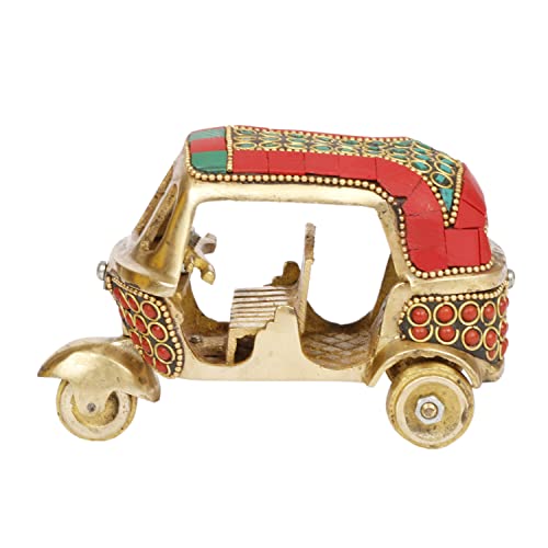 Brass Auto Rickshaw Indian Collection of Handicraft Items Home Decor Showpiece Gift Stone Studd Tuk Tuk Vehicle (Red)