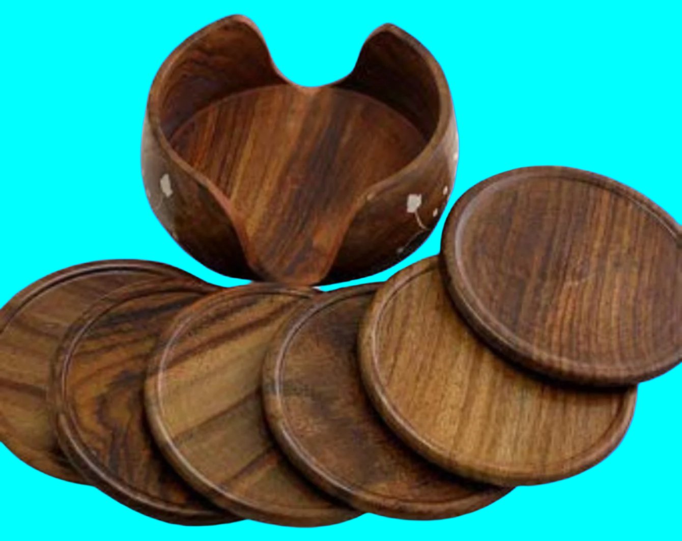 handicrafts Wooden Round Drink Coasters Set Of 6 With Decorative Holder | Tabletop Coasters For Tea Coffee Cups. (Brown) 3.5 Inch (Lotus)