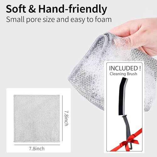 FP 3-Pack Non Scratch Dish wash Cloths for Kitchen & Free Cleanning Brush | Scrubber Dish Cloth for Utensils | Reusable Mesh Wire Cloth for Kitchen | Metal Wire Cleaning Cloth | 8x8 Inch