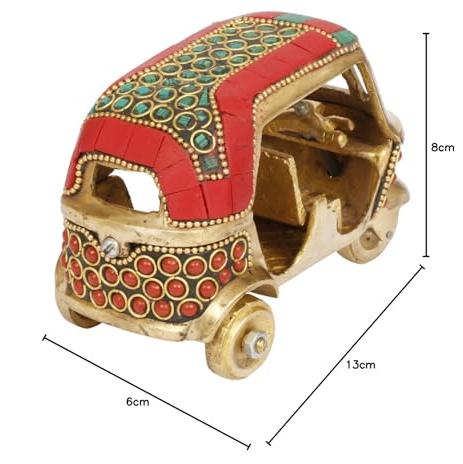 Brass Auto Rickshaw Indian Collection of Handicraft Items Home Decor Showpiece Gift Stone Studd Tuk Tuk Vehicle (Red)