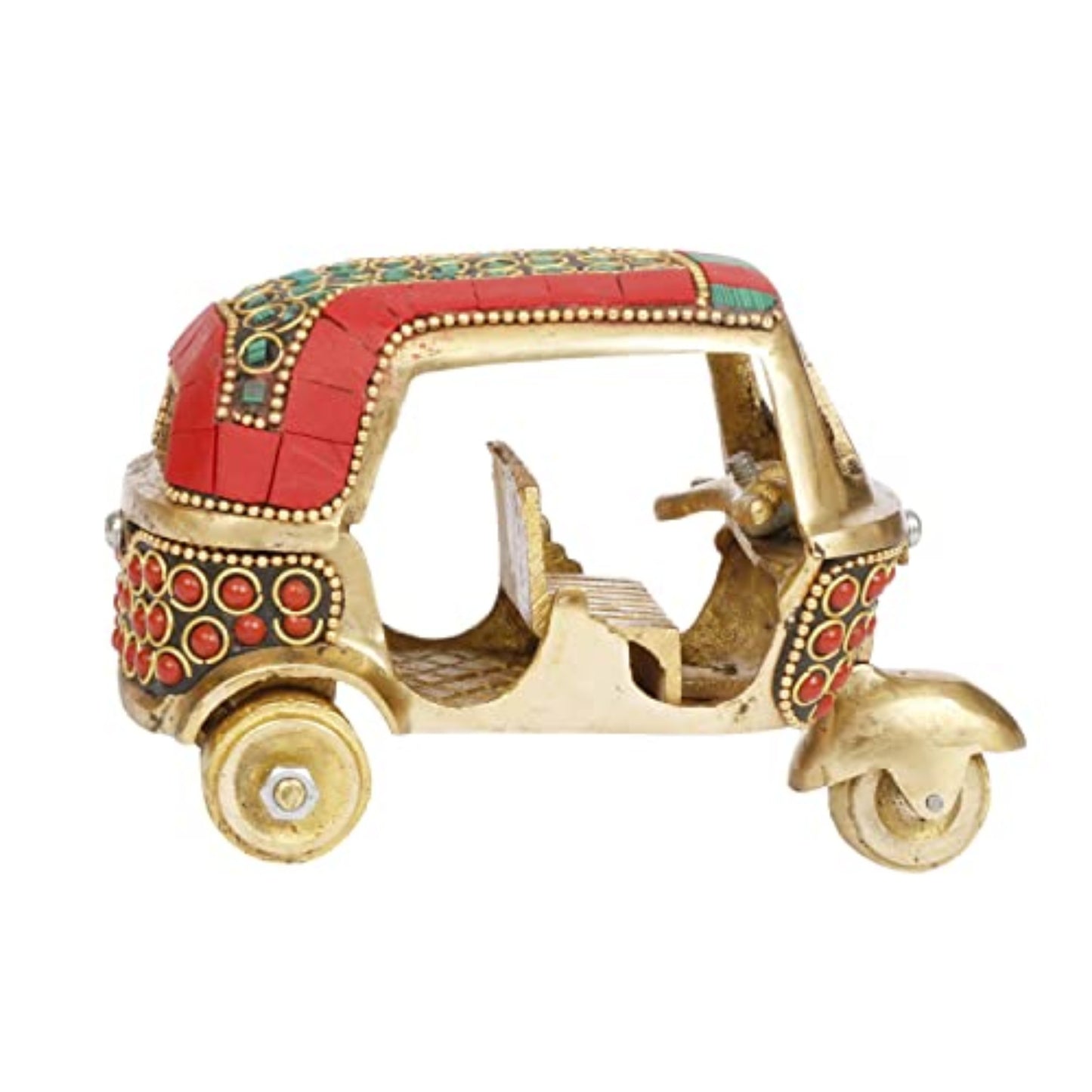 Brass Auto Rickshaw Indian Collection of Handicraft Items Home Decor Showpiece Gift Stone Studd Tuk Tuk Vehicle (Red)