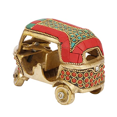 Brass Auto Rickshaw Indian Collection of Handicraft Items Home Decor Showpiece Gift Stone Studd Tuk Tuk Vehicle (Red)