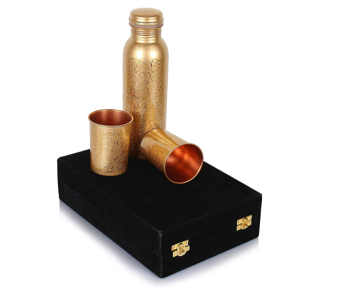 Handcrafted Engraved Copper Bottle Gift Set β Pure Copper Water Bottle with 2 Copper Glasses in Velvet Box | Ayurvedic Wellness & Luxury Gift