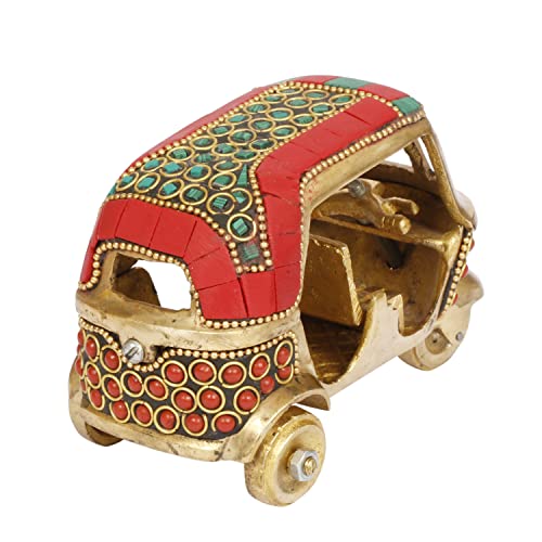 Brass Auto Rickshaw Indian Collection of Handicraft Items Home Decor Showpiece Gift Stone Studd Tuk Tuk Vehicle (Red)