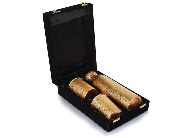 Handcrafted Engraved Copper Bottle Gift Set β Pure Copper Water Bottle with 2 Copper Glasses in Velvet Box | Ayurvedic Wellness & Luxury Gift