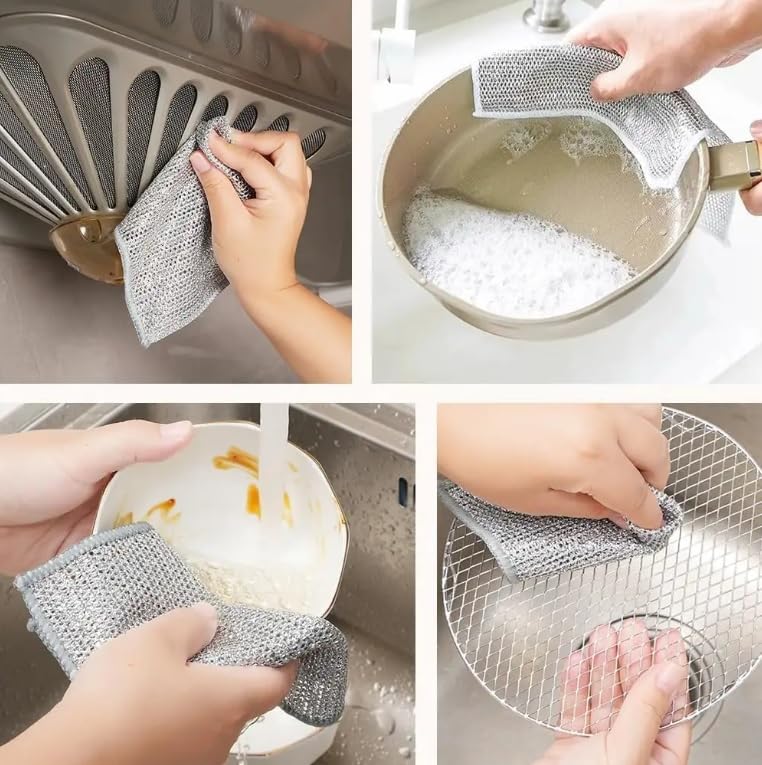 FP 3-Pack Non Scratch Dish wash Cloths for Kitchen & Free Cleanning Brush | Scrubber Dish Cloth for Utensils | Reusable Mesh Wire Cloth for Kitchen | Metal Wire Cleaning Cloth | 8x8 Inch