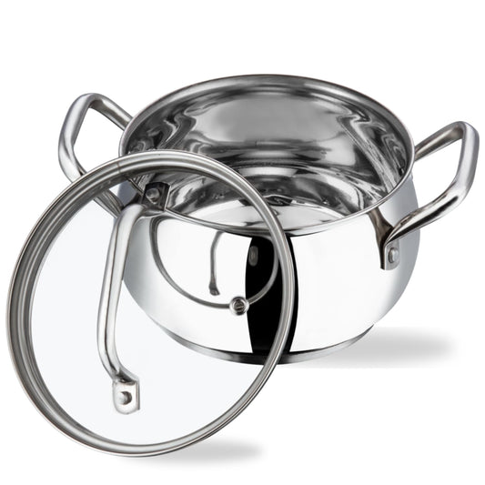 Stainless Steel Casserole with Glass Lid 2.9 Litre, 18 cm | 2.6mm Thick Base | Triply Casserole, Sturdy Riveted Handle | 2 Year Warranty | Induction & Gas Base