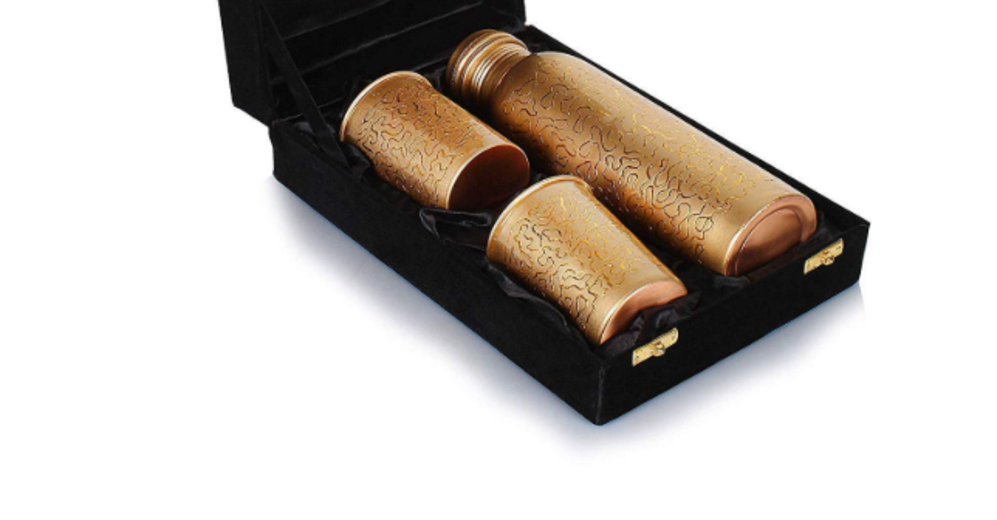 Handcrafted Engraved Copper Bottle Gift Set β Pure Copper Water Bottle with 2 Copper Glasses in Velvet Box | Ayurvedic Wellness & Luxury Gift