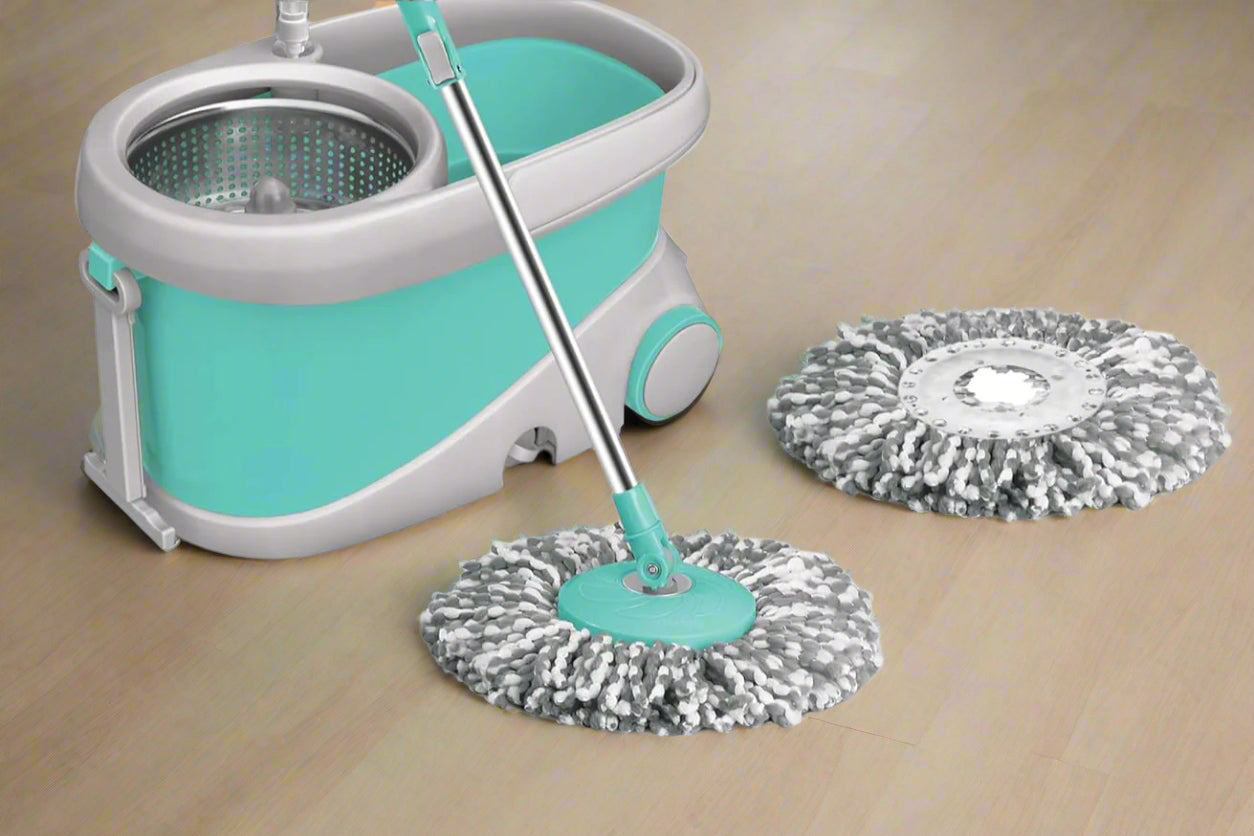 FP Prime Stainless Steel Wringer Spin Mop with Big Wheel, Puller Handle, Bucket Floor Cleaning and Mopping System 360° Flexible,2 Microfiber Refills, Big Size, Aqua Green