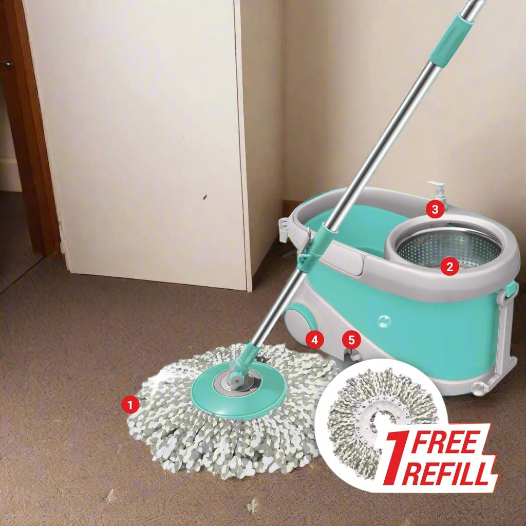 FP Prime Stainless Steel Wringer Spin Mop with Big Wheel, Puller Handle, Bucket Floor Cleaning and Mopping System 360° Flexible,2 Microfiber Refills, Big Size, Aqua Green