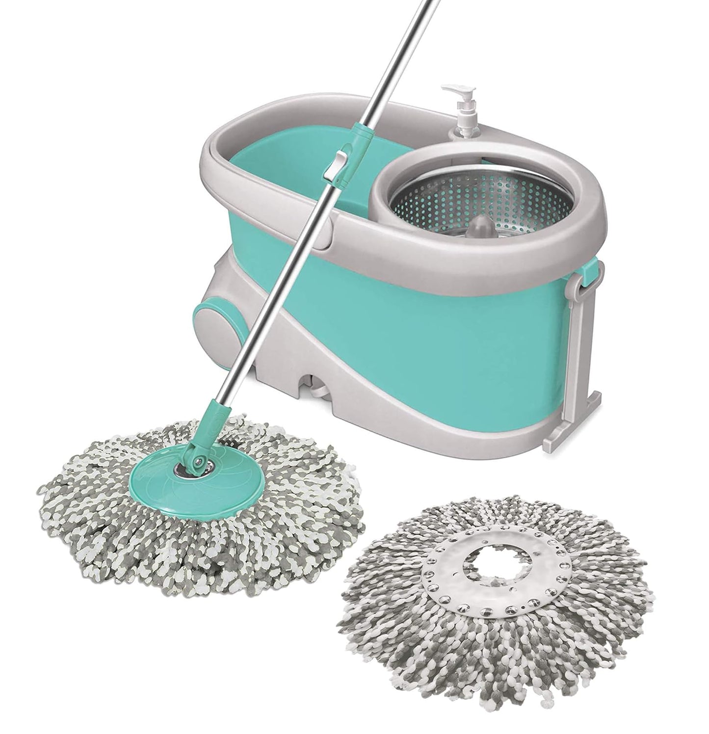 FP Prime Stainless Steel Wringer Spin Mop with Big Wheel, Puller Handle, Bucket Floor Cleaning and Mopping System 360° Flexible,2 Microfiber Refills, Big Size, Aqua Green