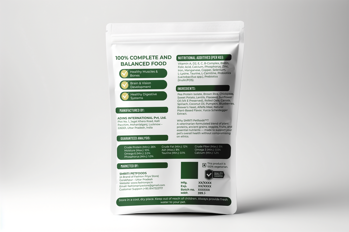 SMRITI Petfoods 100% Vegetarian Dog Food –Multi Nutrients for All Breeds All Age, Rich in Protein & Natural Ingredients