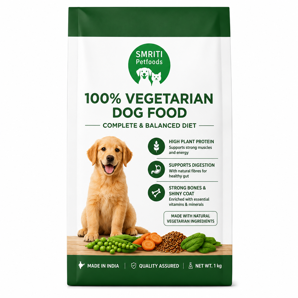 SMRITI Petfoods 100% Vegetarian Dog Food (1 KG) – Protein-Rich, Natural Ingredients, Complete Nutrition for All Breeds & Ages