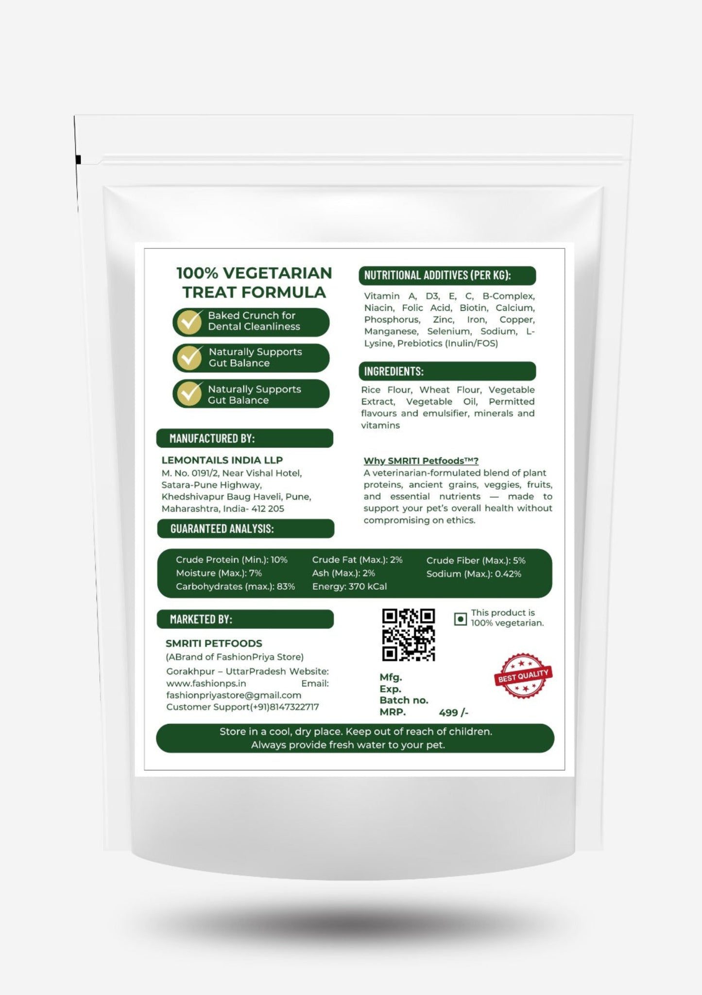 SMRITI Petfoods 100% Vegetarian Baked Dog Biscuits – Healthy, Crunchy Treats for Dental Cleanliness & Digestion, Enriched with Vitamins & Minerals – Natural | 250g | Made in India