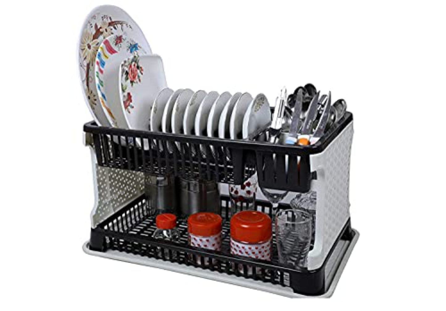 Kitchen Organizer Rack with Water Storing Tray, 2 Layer Fordable Kitchen Dish Drainer Organizer Storage Stand - (Black & White)