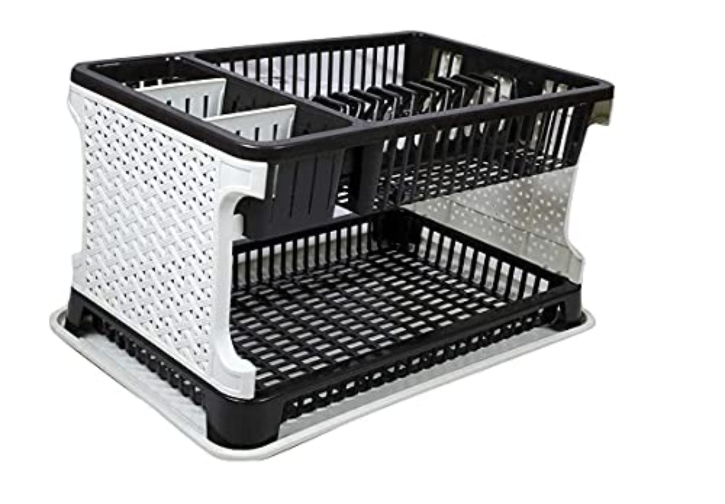 Kitchen Organizer Rack with Water Storing Tray, 2 Layer Fordable Kitchen Dish Drainer Organizer Storage Stand - (Black & White)