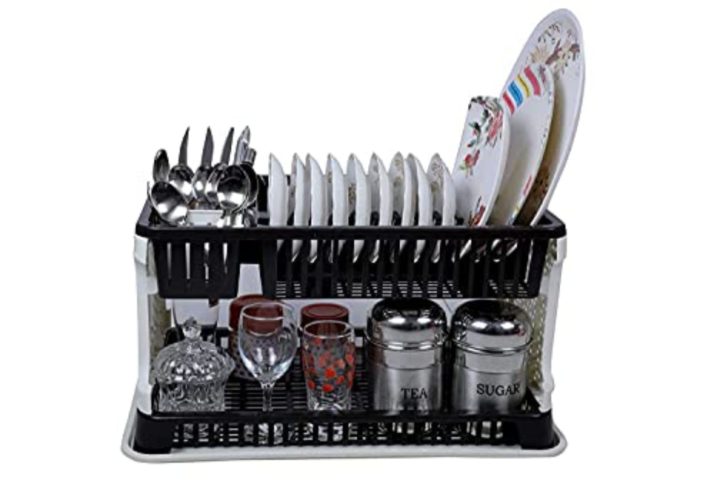 Kitchen Organizer Rack with Water Storing Tray, 2 Layer Fordable Kitchen Dish Drainer Organizer Storage Stand - (Black & White)