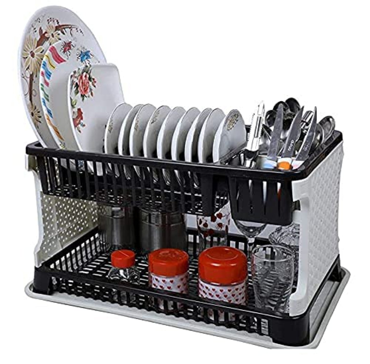 Kitchen Organizer Rack with Water Storing Tray, 2 Layer Fordable Kitchen Dish Drainer Organizer Storage Stand - (Black & White)