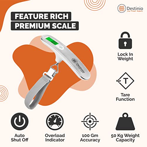 Metal Luggage Weighing Scale for Flights, Travel, Home, Shop, Gas Cylinder; Portable, Hanging Weight Machine for Bags and Baggage (Steel_Destinio-Scale) 50kg, Steel and White