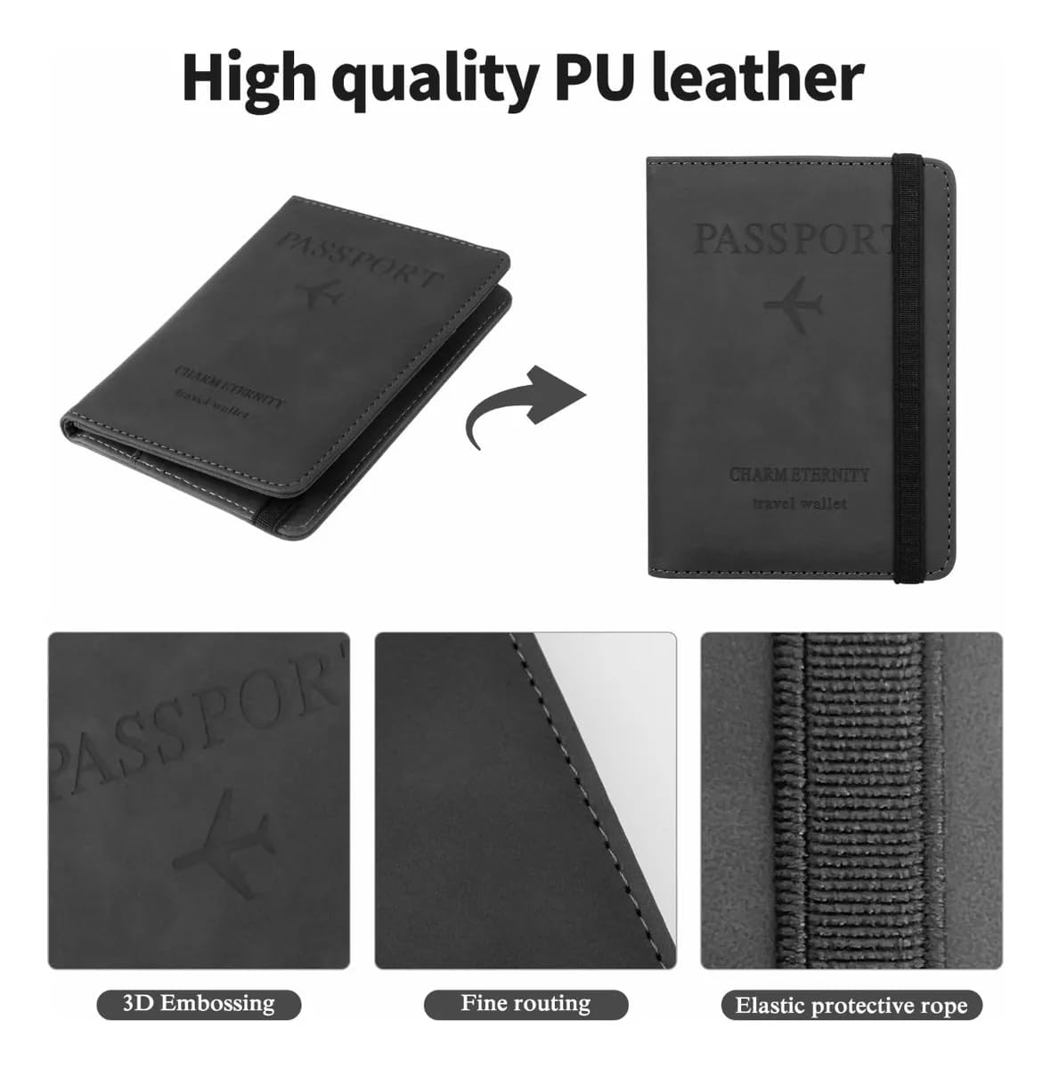 Passport Holder Cover Travel Wallet Organiser, Passport Case with RFID Blocking, PU Leather Travel Document Holder for Men & Women Travel Accessories (Black)