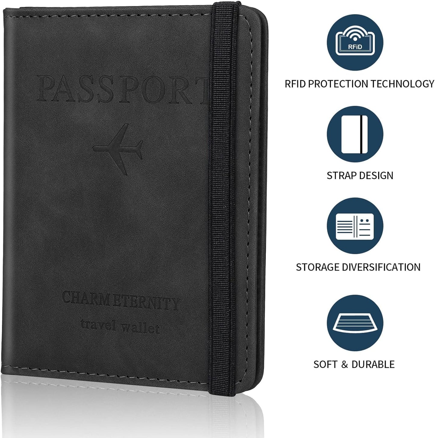 Passport Holder Cover Travel Wallet Organiser, Passport Case with RFID Blocking, PU Leather Travel Document Holder for Men & Women Travel Accessories (Black)