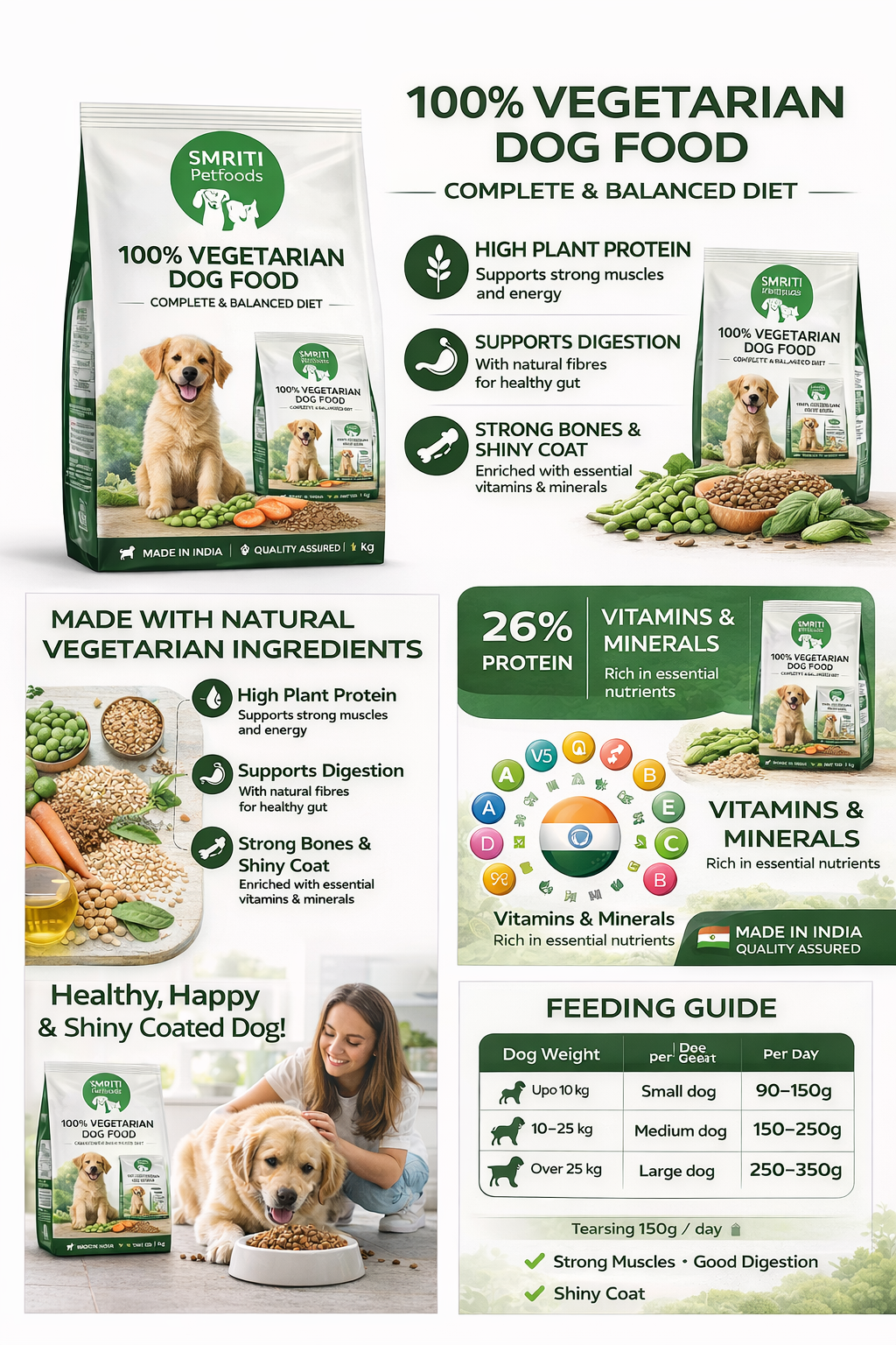 SMRITI Petfoods 100% Vegetarian Dog Food (1 KG) – Protein-Rich, Natural Ingredients, Complete Nutrition for All Breeds & Ages