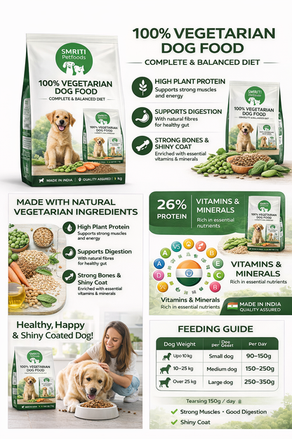SMRITI Petfoods 100% Vegetarian Dog Food (1 KG) – Protein-Rich, Natural Ingredients, Complete Nutrition for All Breeds & Ages