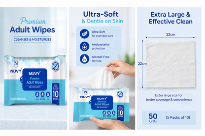 NUVY  Hygiene Bed Bath 32 cm *32 cm  Big Wet Wipes For Adults, Patients & Baby Wet Wipes & Refreshing Sponge Bath (10 Pulls/Pack) (Pack of 5 Means 50 WIPES)