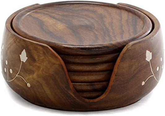 handicrafts Wooden Round Drink Coasters Set Of 6 With Decorative Holder | Tabletop Coasters For Tea Coffee Cups. (Brown) 3.5 Inch (Lotus)
