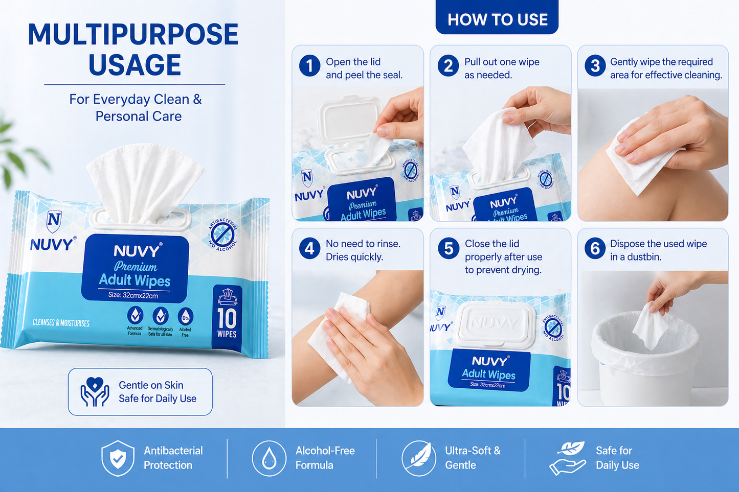 NUVY  Hygiene Bed Bath 32 cm *32 cm  Big Wet Wipes For Adults, Patients & Baby Wet Wipes & Refreshing Sponge Bath (10 Pulls/Pack) (Pack of 5 Means 50 WIPES)