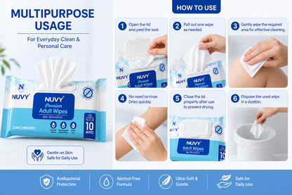 NUVY  Hygiene Bed Bath 32 cm *32 cm  Big Wet Wipes For Adults, Patients & Baby Wet Wipes & Refreshing Sponge Bath (10 Pulls/Pack) (Pack of 5 Means 50 WIPES)