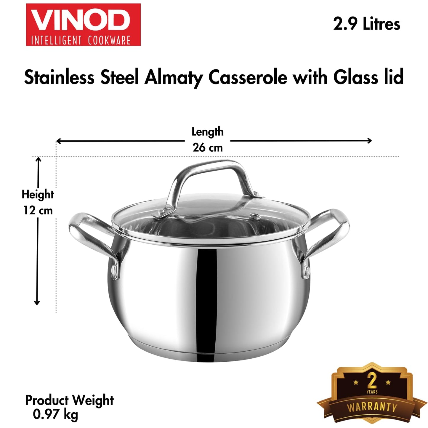 Stainless Steel Casserole with Glass Lid 2.9 Litre, 18 cm | 2.6mm Thick Base | Triply Casserole, Sturdy Riveted Handle | 2 Year Warranty | Induction & Gas Base