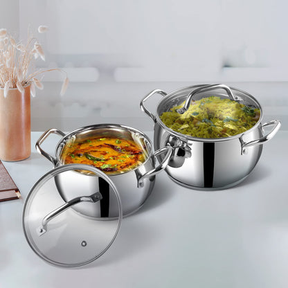 Stainless Steel Casserole with Glass Lid 2.9 Litre, 18 cm | 2.6mm Thick Base | Triply Casserole, Sturdy Riveted Handle | 2 Year Warranty | Induction & Gas Base