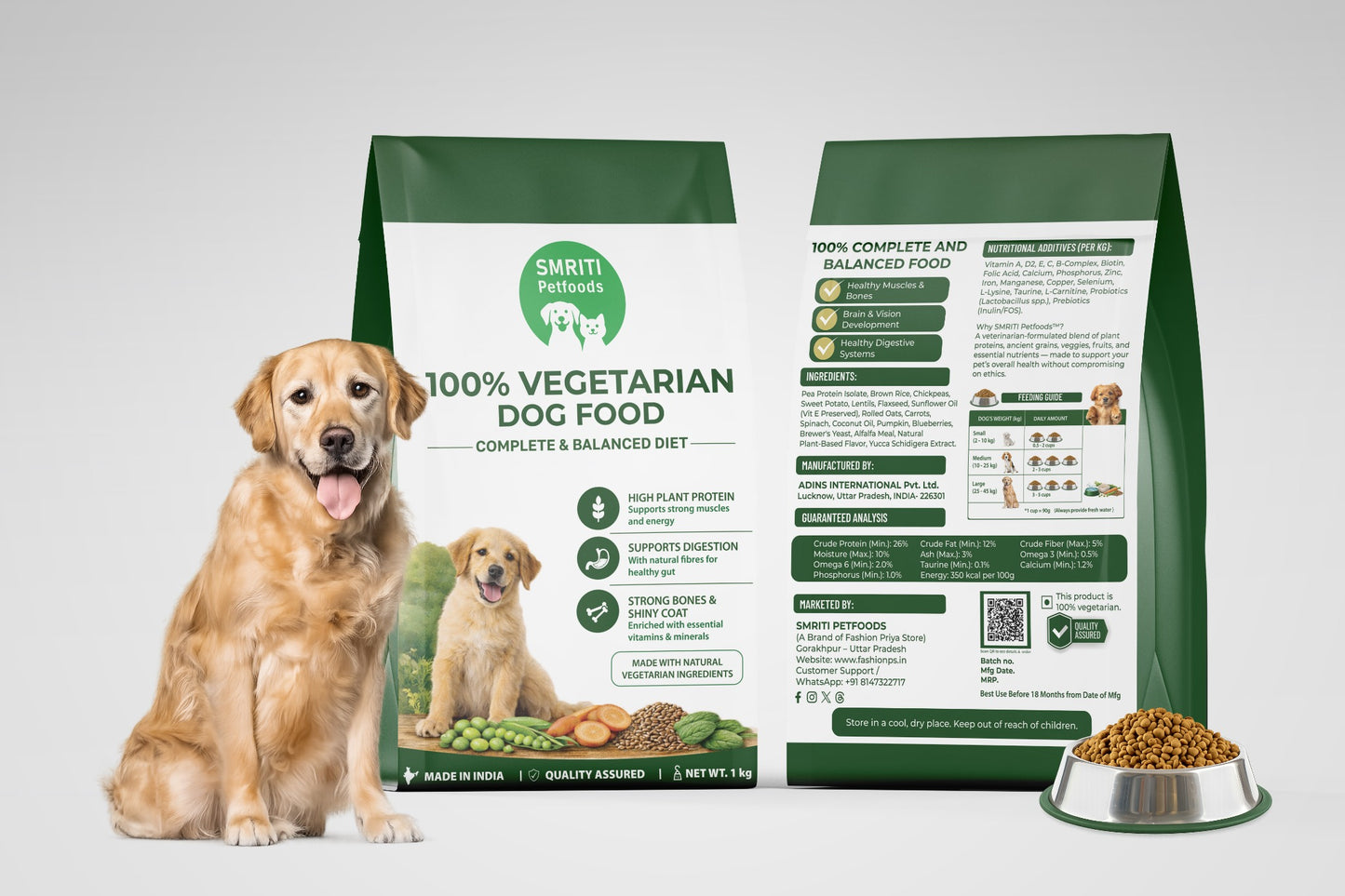 SMRITI Petfoods 100% Vegetarian Dog Food (1 KG) – Protein-Rich, Natural Ingredients, Complete Nutrition for All Breeds & Ages