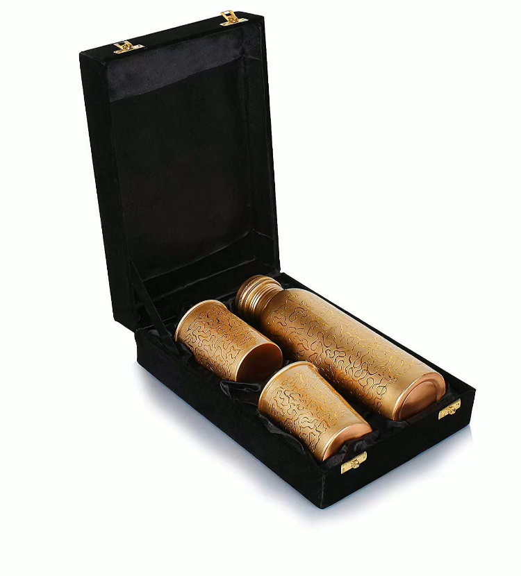 Handcrafted Engraved Copper Bottle Gift Set – Pure Copper Water Bottle with 2 Copper Glasses in Velvet Box | Ayurvedic Wellness & Luxury Gift