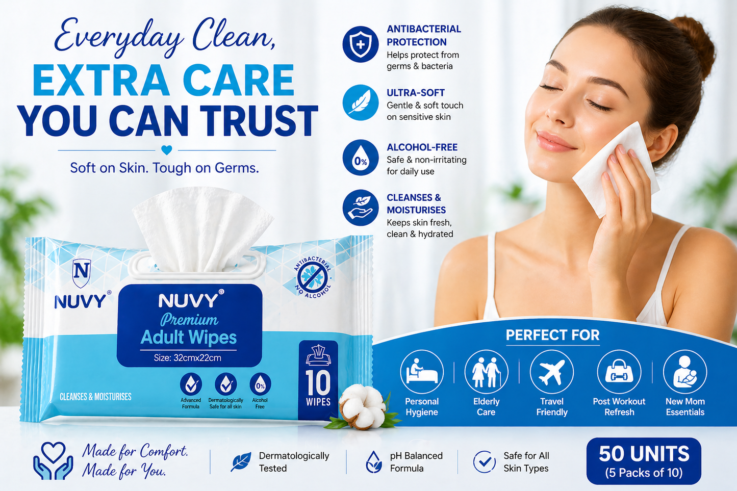 NUVY  Hygiene Bed Bath 32 cm *32 cm  Big Wet Wipes For Adults, Patients & Baby Wet Wipes & Refreshing Sponge Bath (10 Pulls/Pack) (Pack of 5 Means 50 WIPES)