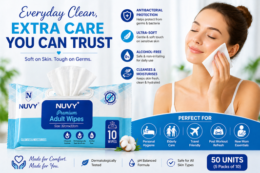 NUVY  Hygiene Bed Bath 32 cm *32 cm  Big Wet Wipes For Adults, Patients & Baby Wet Wipes & Refreshing Sponge Bath (10 Pulls/Pack) (Pack of 5 Means 50 WIPES)