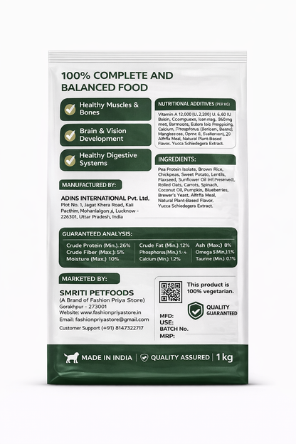 SMRITI Petfoods 100% Vegetarian Dog Food (1 KG) – Protein-Rich, Natural Ingredients, Complete Nutrition for All Breeds & Ages
