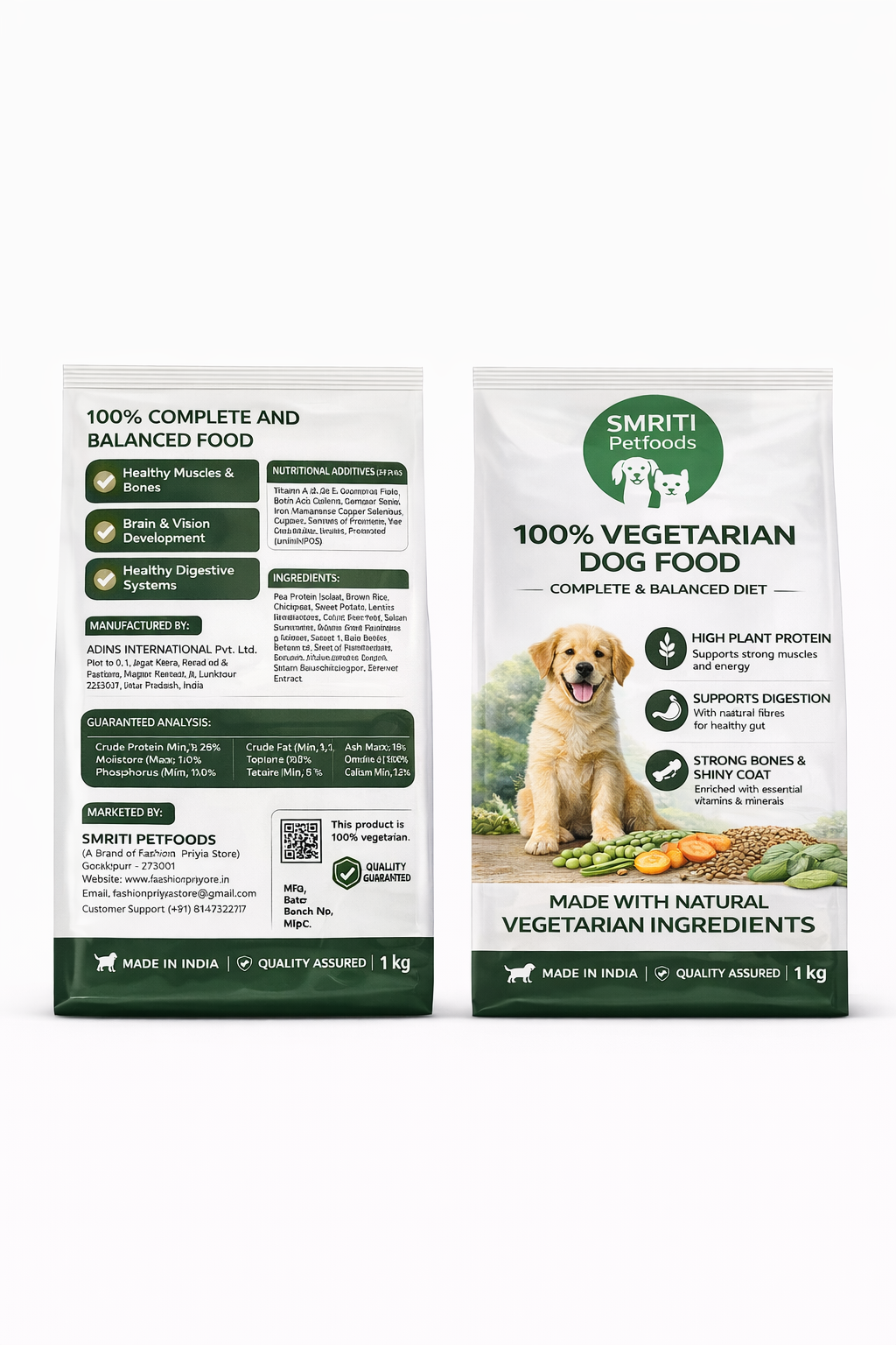 SMRITI Petfoods 100% Vegetarian Dog Food (1 KG) – Protein-Rich, Natural Ingredients, Complete Nutrition for All Breeds & Ages