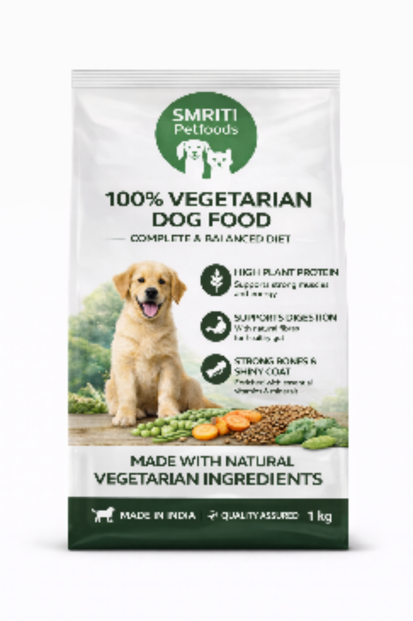SMRITI Petfoods 100% Vegetarian Dog Food (1 KG) – Protein-Rich, Natural Ingredients, Complete Nutrition for All Breeds & Ages