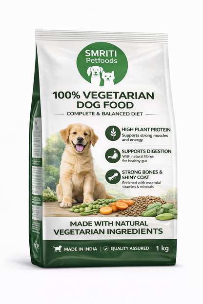 SMRITI Petfoods 100% Vegetarian Dog Food (1 KG) – Protein-Rich, Natural Ingredients, Complete Nutrition for All Breeds & Ages