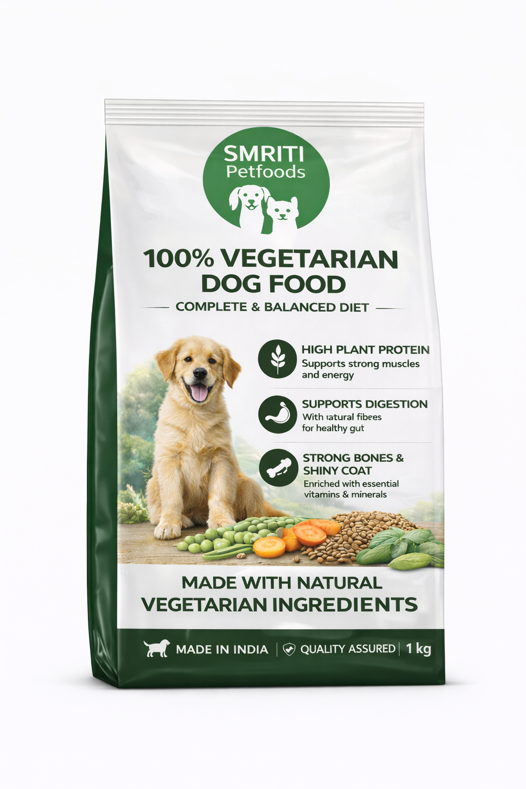 SMRITI Petfoods 100% Vegetarian Dog Food (1 KG) – Protein-Rich, Natural Ingredients, Complete Nutrition for All Breeds & Ages