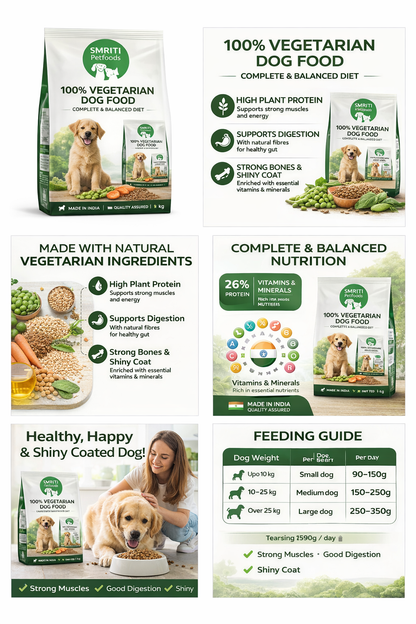 SMRITI Petfoods 100% Vegetarian Dog Food (1 KG) – Protein-Rich, Natural Ingredients, Complete Nutrition for All Breeds & Ages