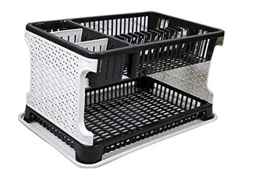 Kitchen Organizer Rack with Water Storing Tray, 2 Layer Fordable Kitchen Dish Drainer Organizer Storage Stand - (Black & White)